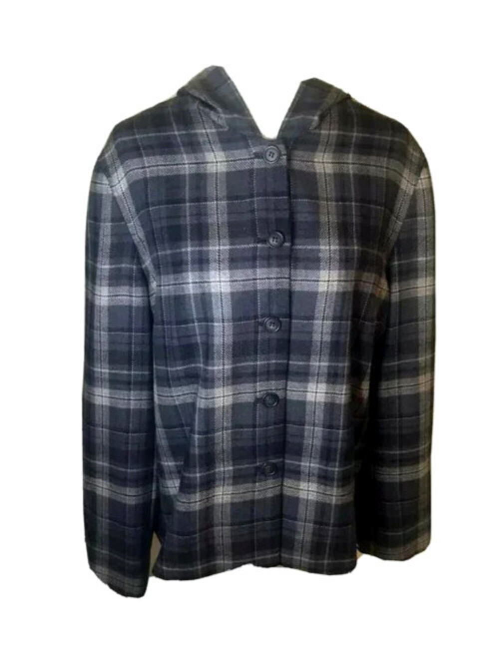 TALBOTS 10P Gray Plaid Button Jacket Hooded Wool Casual Everyday Career